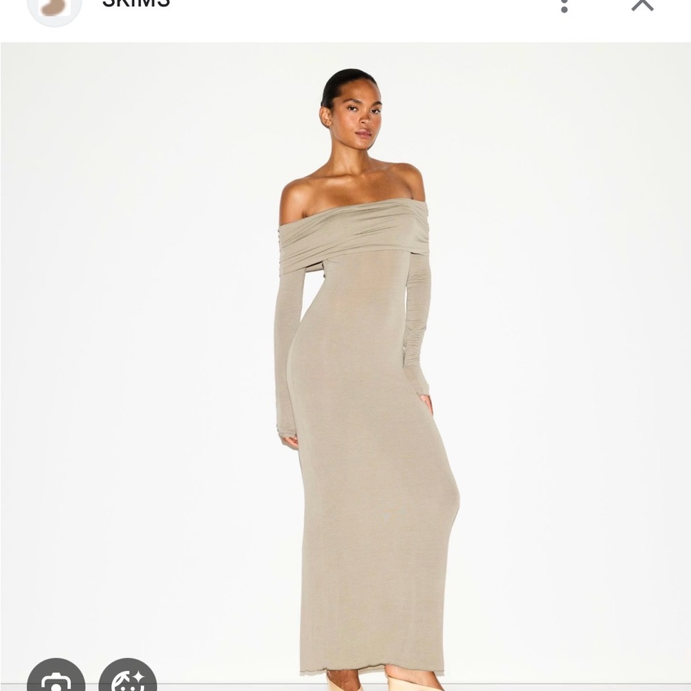 SKIMS Long Sleeve Off-Shoulder Dress in Dune